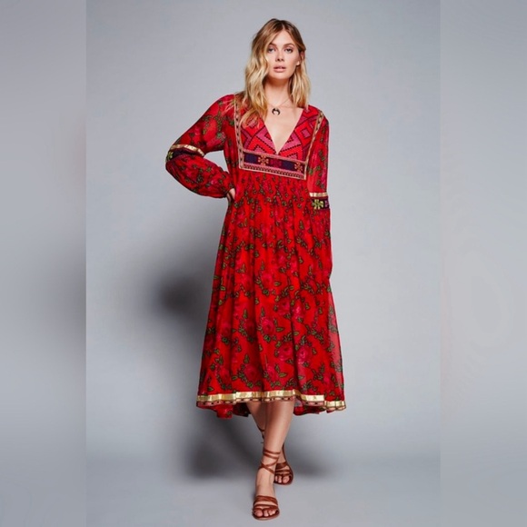 Free People Bold Blooms Red Rose V Neck Embroidered Maxi Dress XS - Picture 2 of 9